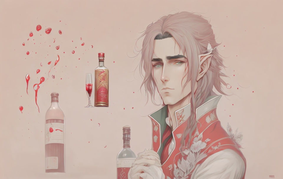 White-haired elf with liquor bottle and splashing liquid on pink background