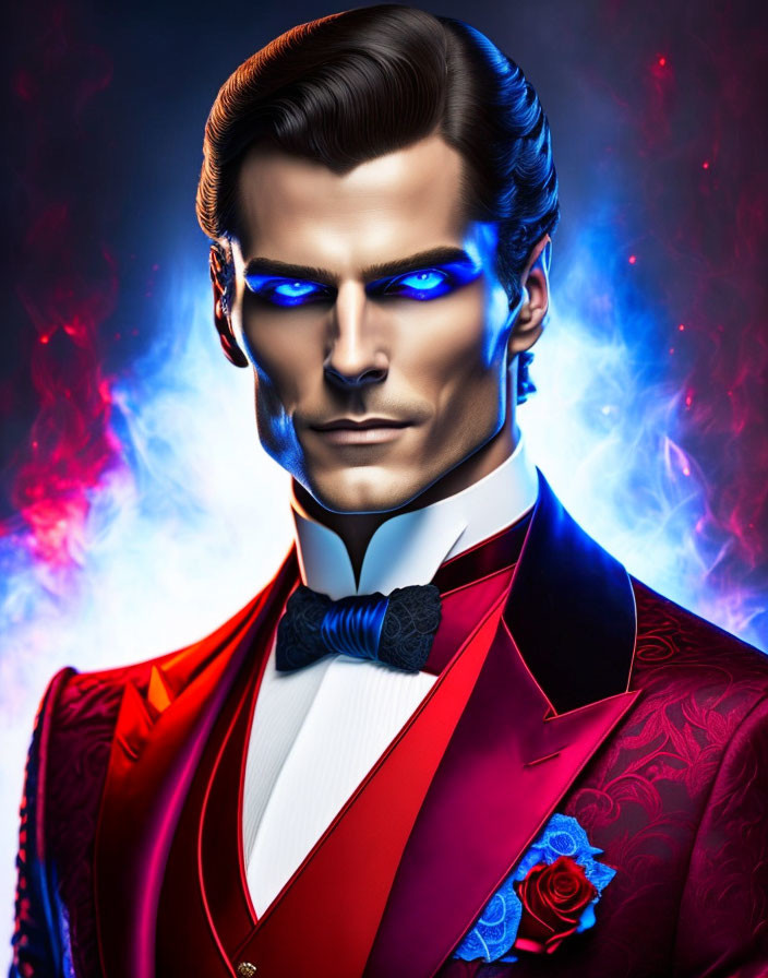 Male Figure in Stylish Red and Blue Tuxedo with Glowing Blue Eyes