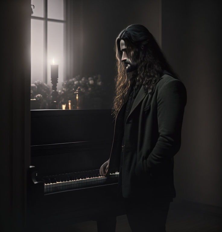 Long-haired person by piano in dimly lit room with candles