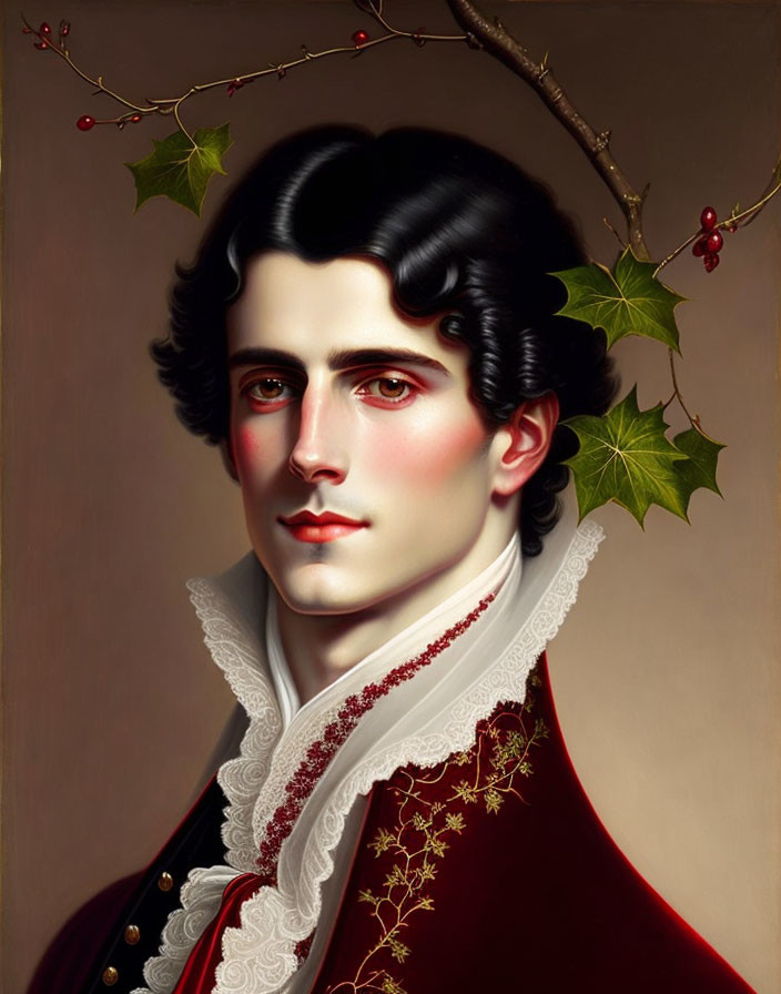 Portrait of young man in red coat with gold embroidery and white cravat, framed by holly