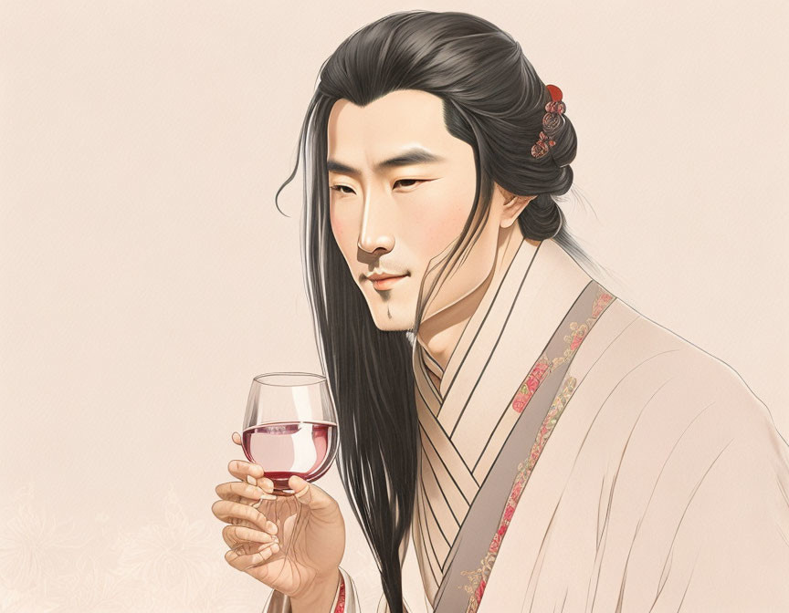 Illustration of elegant man in traditional attire with long hair holding wine glass