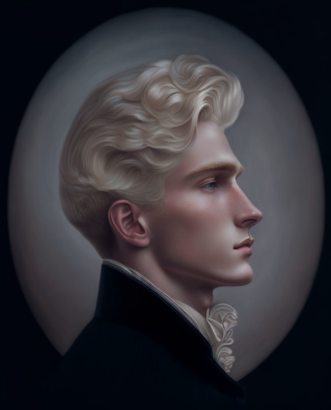 Digital portrait of man with wavy blonde hair and sharp features on dark background.