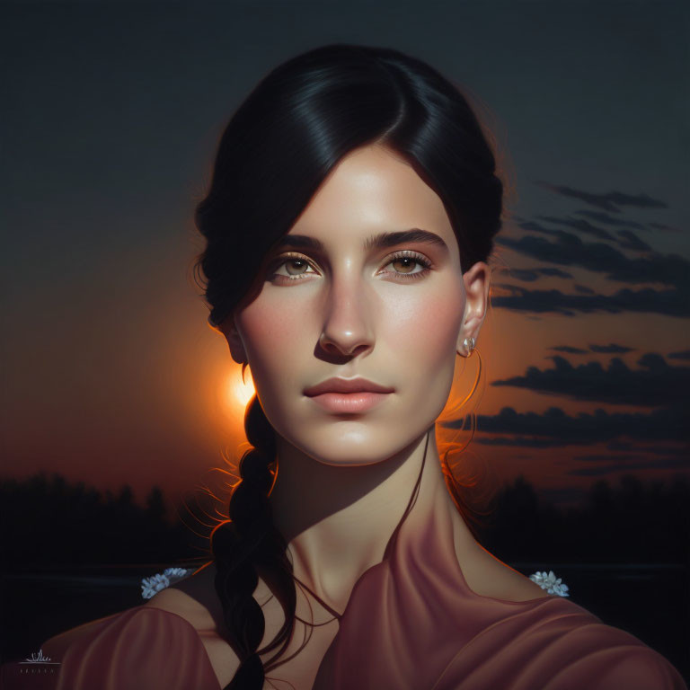 Digital portrait of woman with dark hair and green eyes against twilight sky.