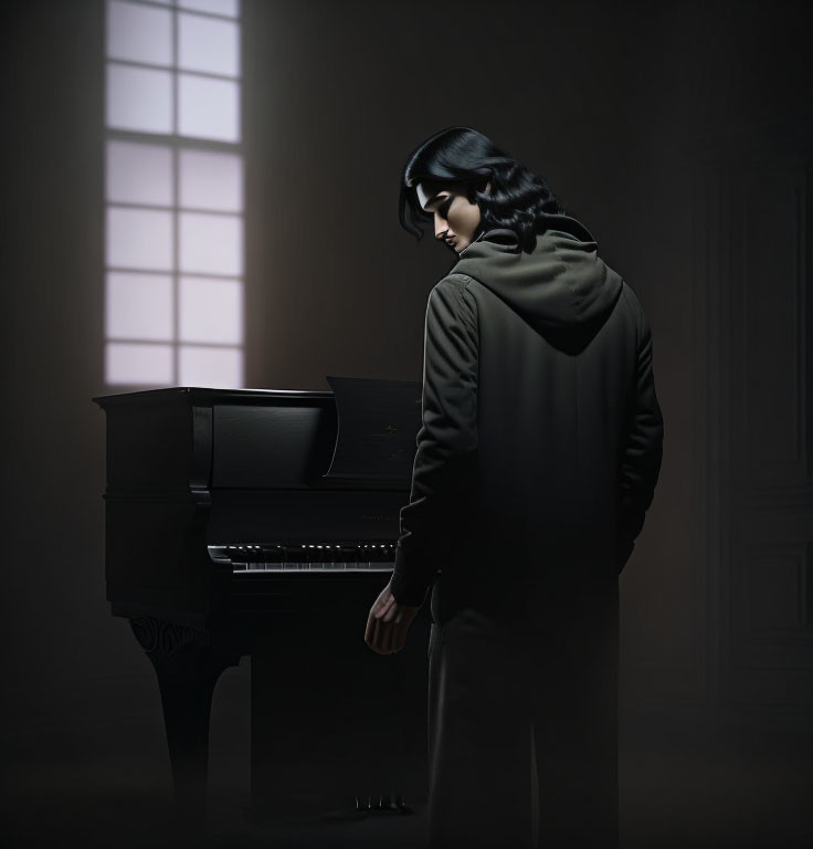 Person in Dark Hoodie Stands by Upright Piano in Dimly Lit Room