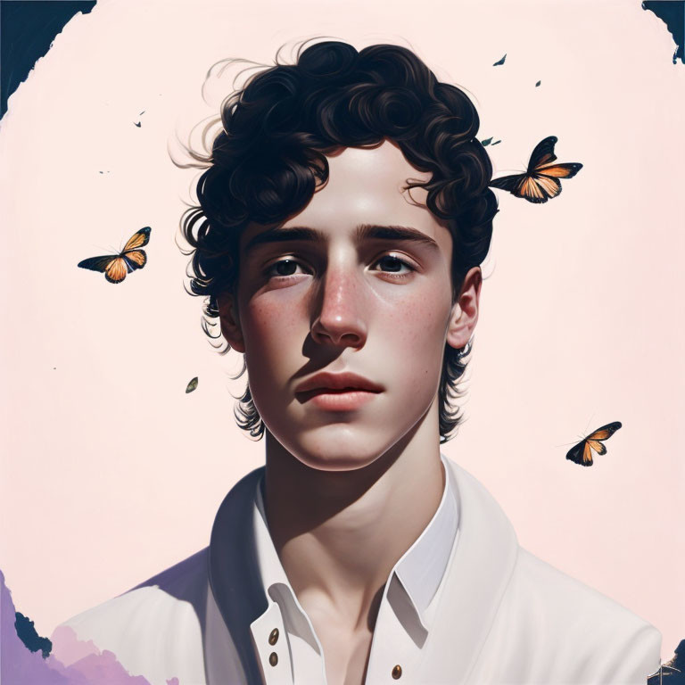 Young person with curly hair in white shirt surrounded by butterflies on pink background