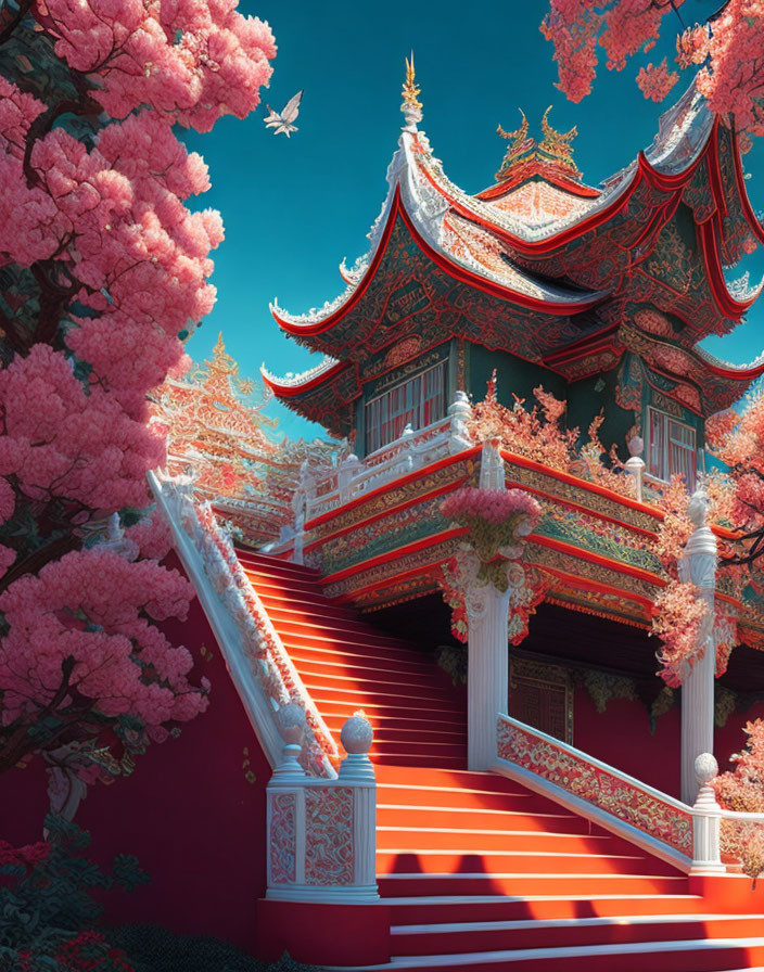 Traditional Asian Temple with Red Stairs and Cherry Blossoms