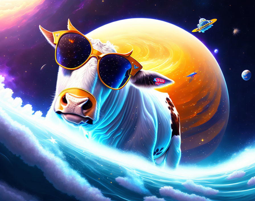 Colorful cow with sunglasses in space among planets and stars