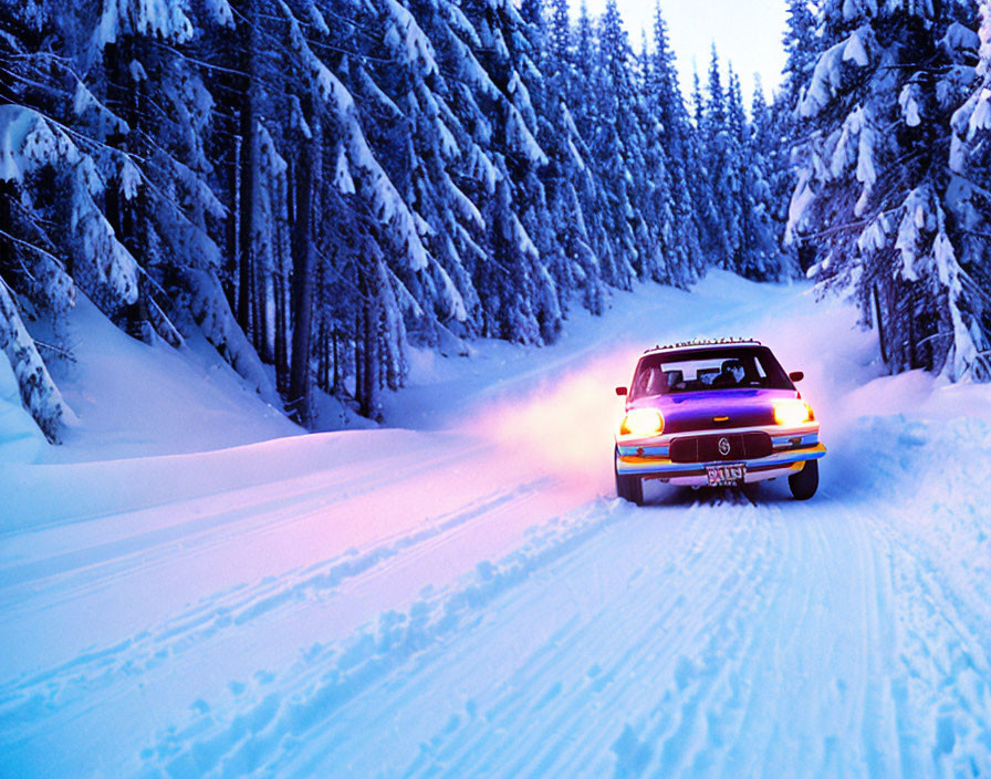 Car with headlights drives on snow-covered forest road at twilight