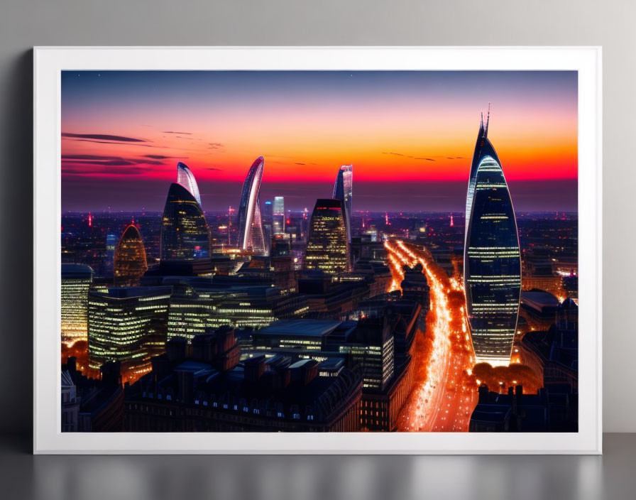 City skyline twilight photograph with illuminated skyscrapers and vibrant pink-blue sky in a frame