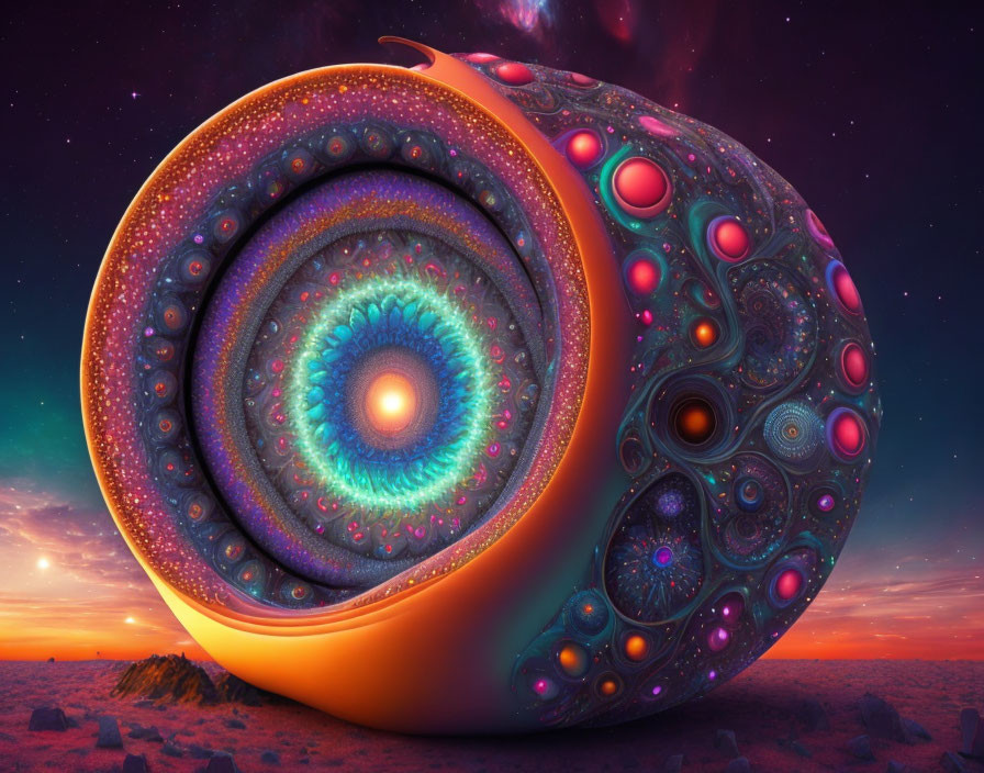 Colorful digital artwork: Swirling nautilus shell in cosmic sunset scene