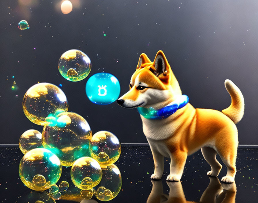 Shiba Inu dog with Bitcoin bubbles on starry backdrop