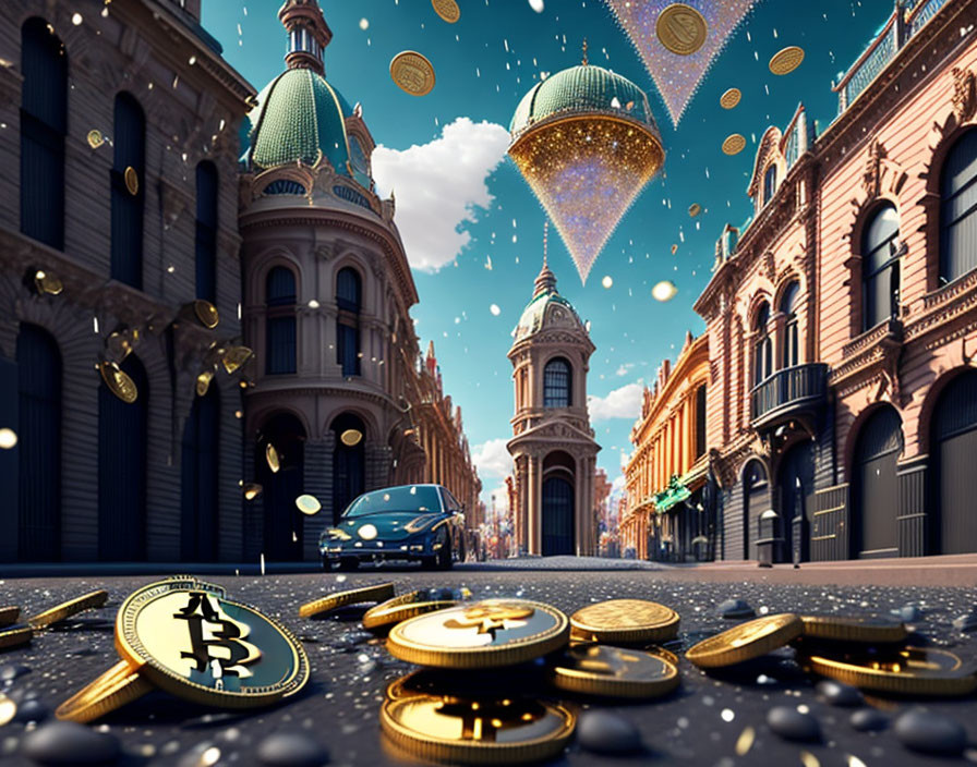 Bitcoin coins on street with historic buildings and raining coins.