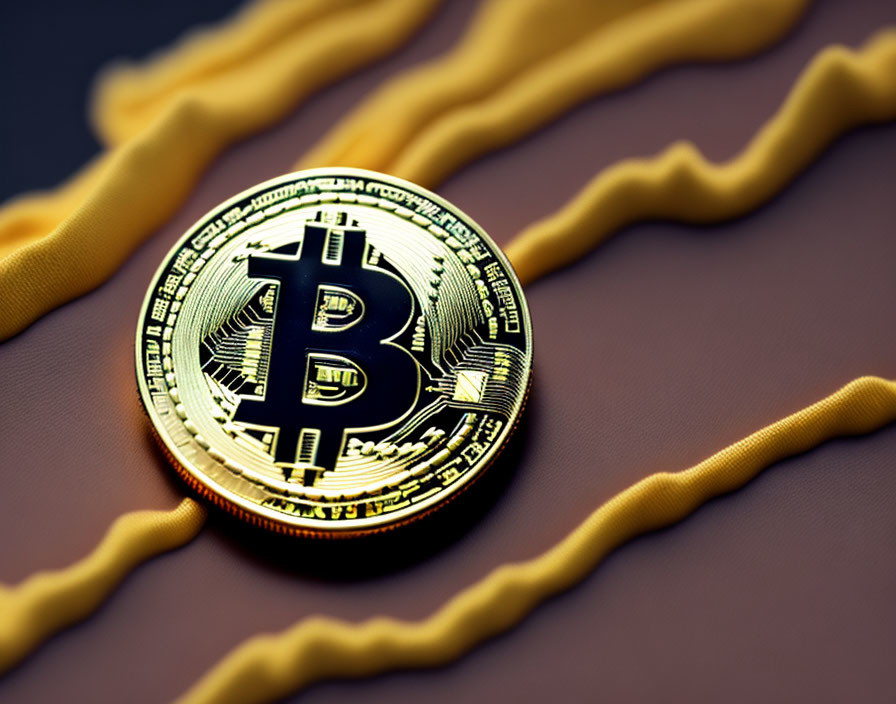 Shiny Bitcoin on surface with gold and brown lines symbolizing digital wealth.