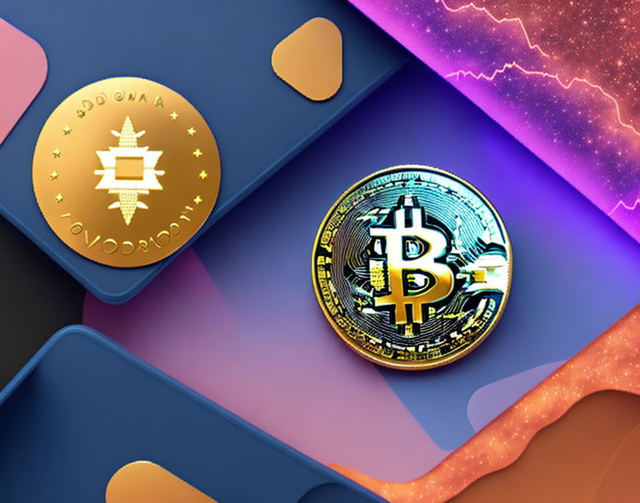 Abstract Digital Artwork: Stylized Solana and Bitcoin Coins on Colorful Background