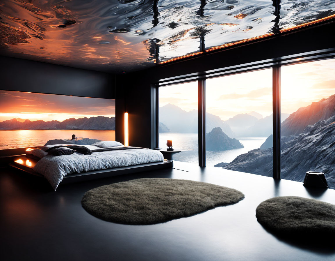 Panoramic mountain sunset view in modern bedroom