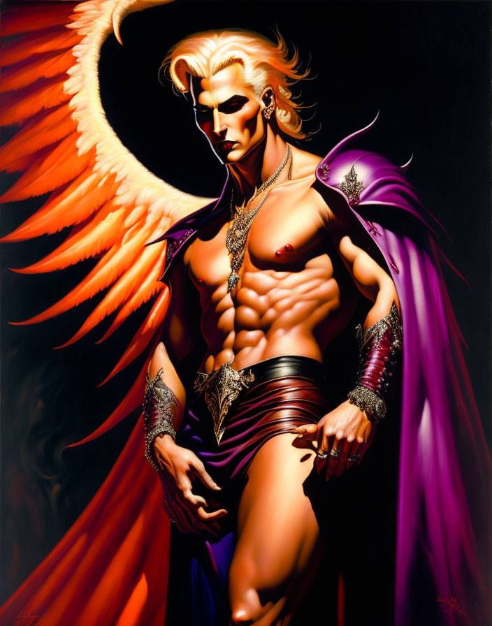 Muscular blond character with single wing in fantasy armor and purple cloak