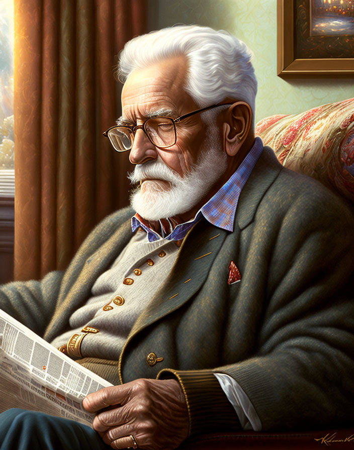 Elderly man with white hair and beard reading newspaper comfortably