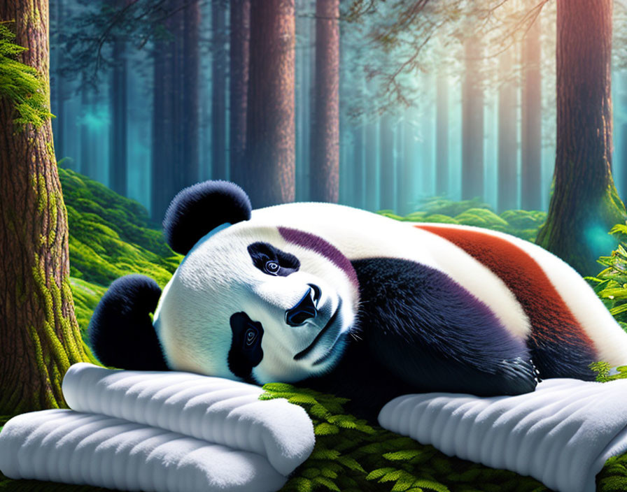 Tranquil panda resting on pillow in lush, misty forest