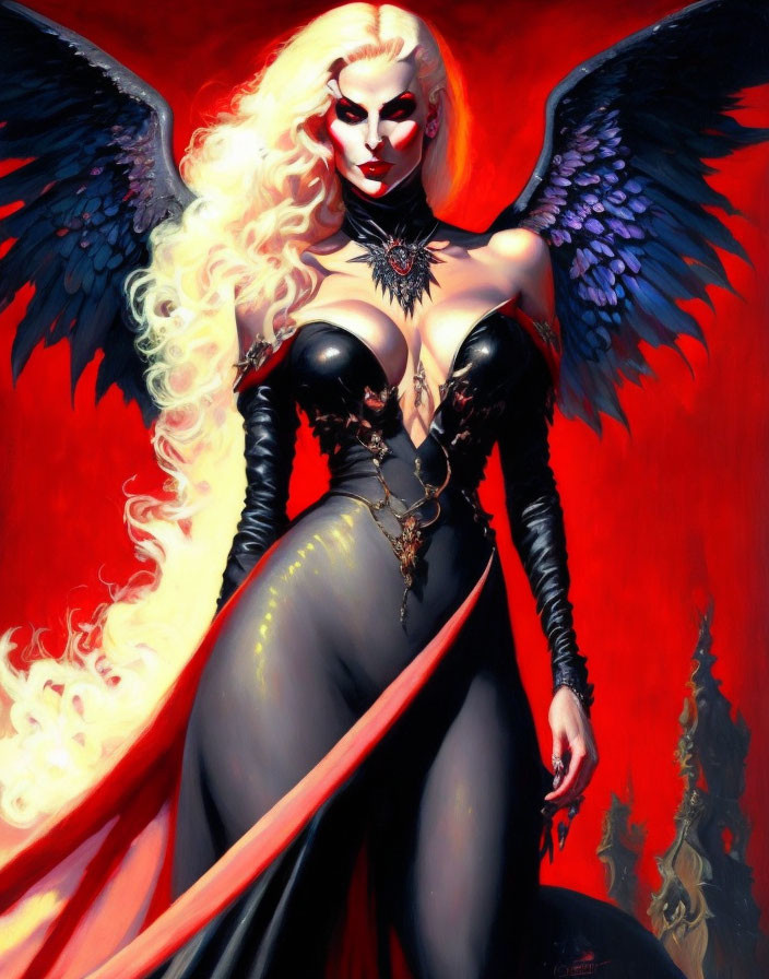 Illustration of woman with angelic wings and white hair in black outfit on red backdrop