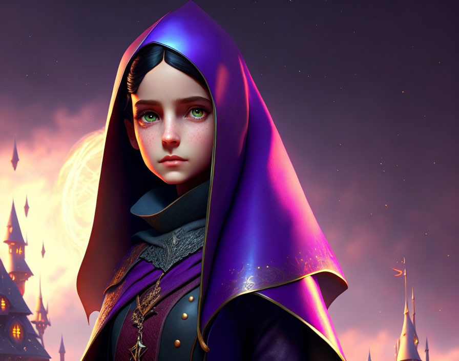 Digital artwork featuring girl with large green eyes in purple cloak against twilight backdrop