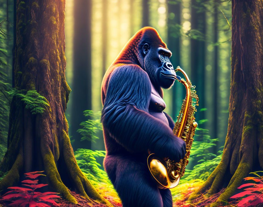 Gorilla playing saxophone in sunlit forest with red foliage