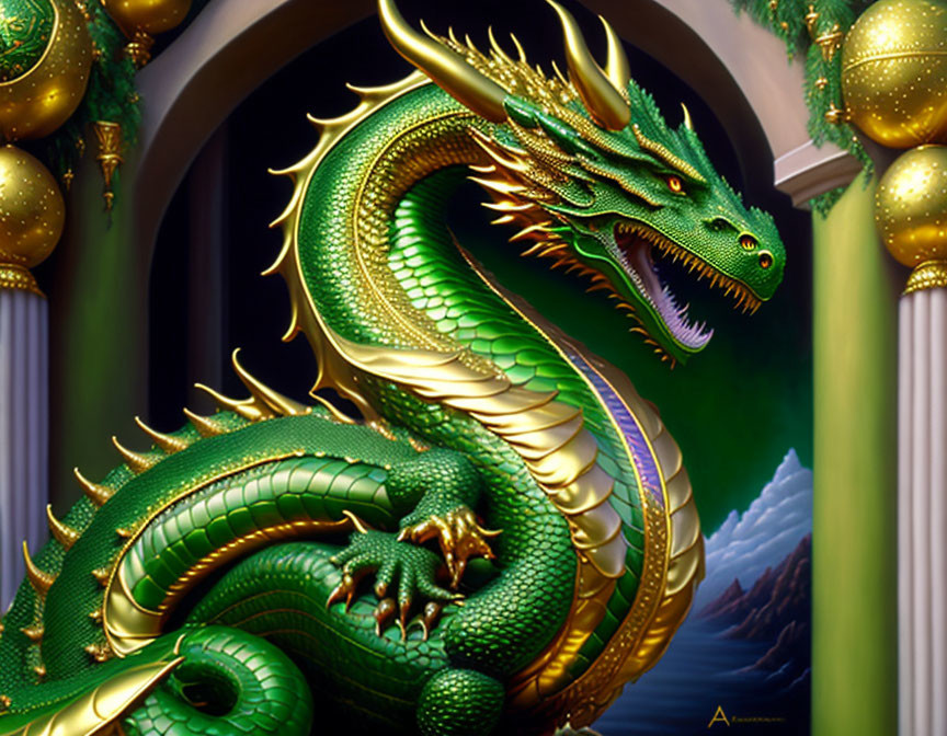 Green Dragon with Golden Horns and Spikes in Holiday Archway Scene