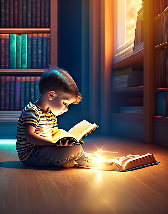 Young child reading a glowing book in cozy library setting