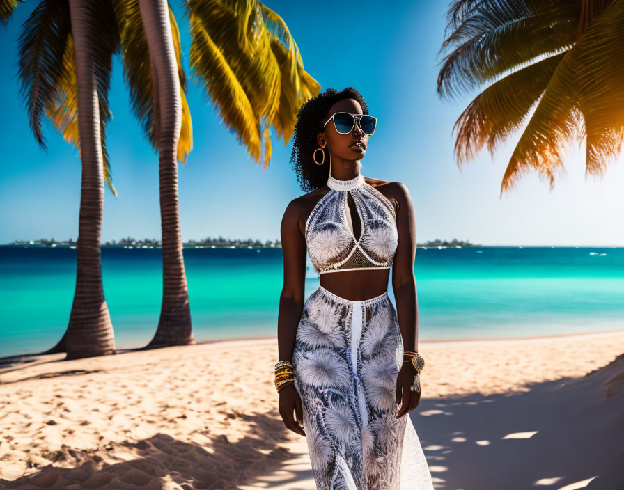 Fashionable Woman in Summer Outfit on Sunny Beach with Palm Trees