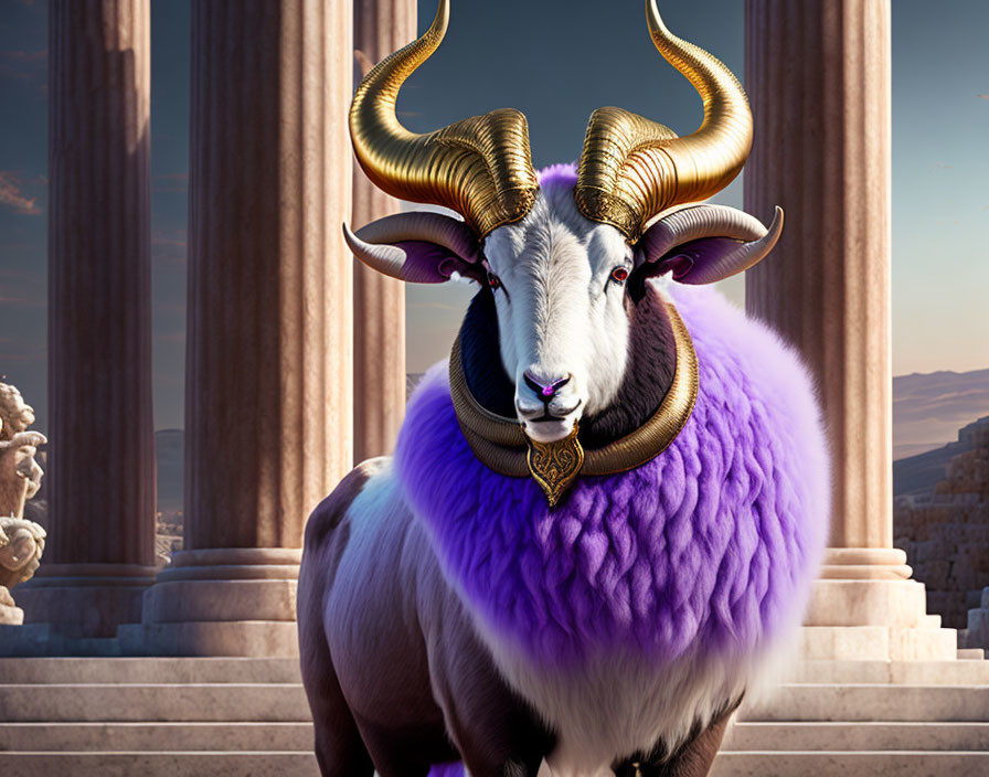 Majestic ram with golden horns and purple coat in front of classical columns