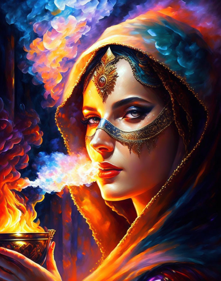 Portrait of woman with blue eyes, headpiece, holding cup against fiery backdrop