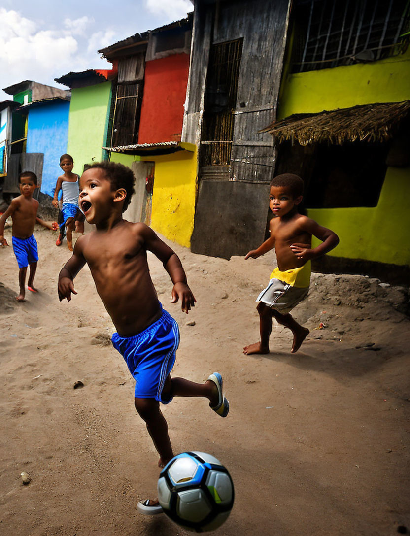 Vibrant community scene: barefoot children playing soccer in narrow alley