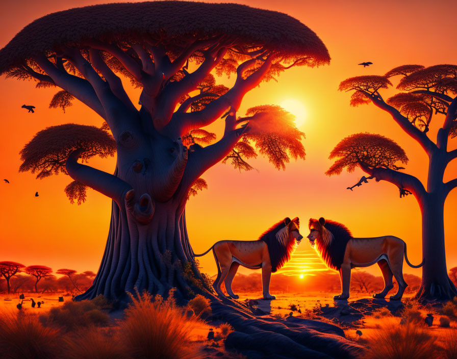 African savannah scene: Two lions under baobab tree