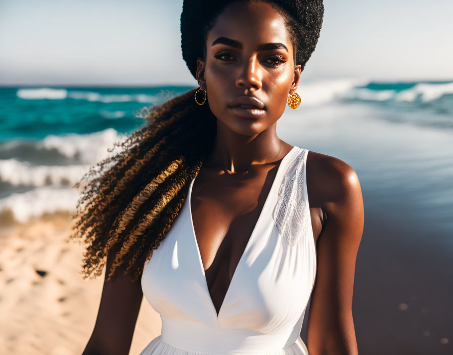 Confident woman with afro hairstyle in white dress on beach