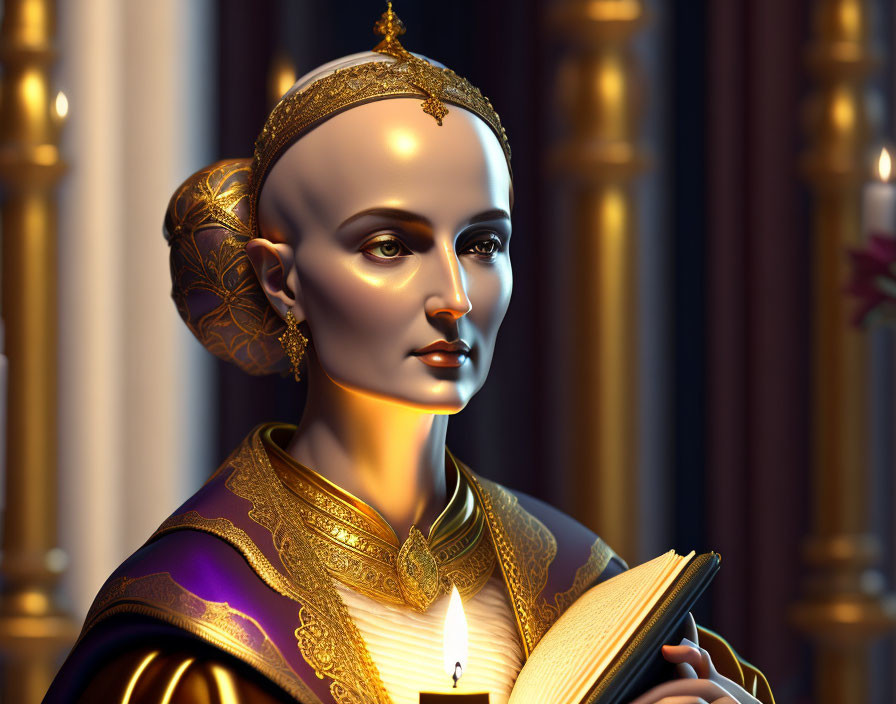 Majestic female figure in golden skin attire holding a book in 3D render