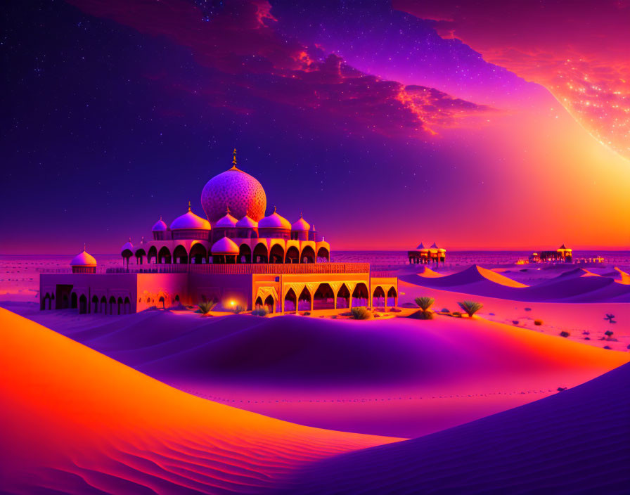 Majestic mosque with golden dome in desert twilight landscape