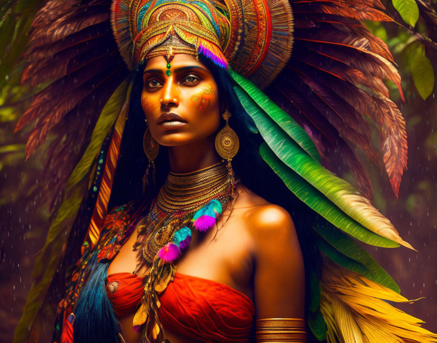 Colorful Makeup and Feathered Headdress in Tropical Setting