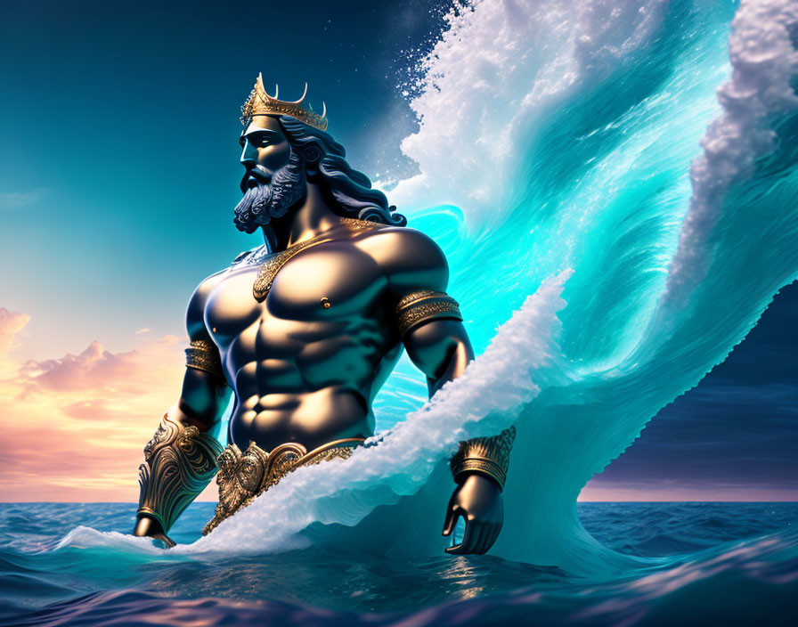 Muscular regal figure with crown emerges from dramatic ocean wave under twilight sky