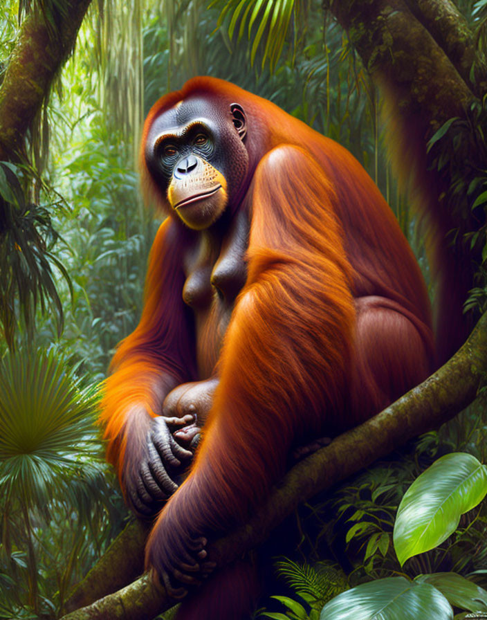 Striking Orange Orangutan in Green Rainforest