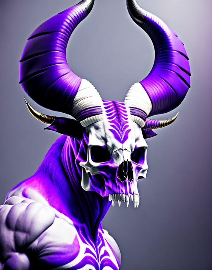 Purple muscular figure with striped skull and curved horns illustration.