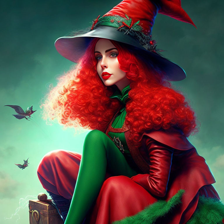 Red-haired witch in green and red outfit with creatures on green background