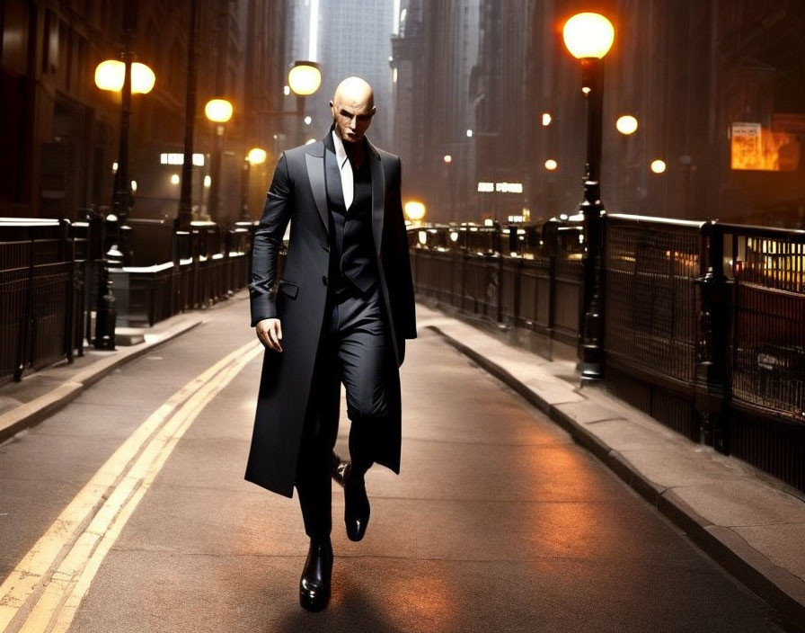 Bald Man in Black Suit Walking on City Street