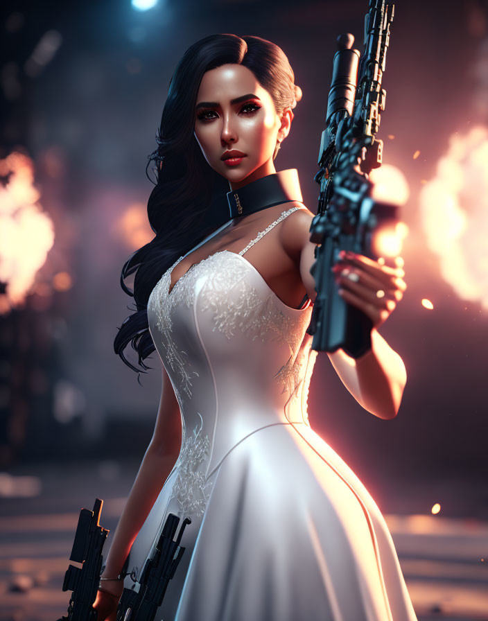 Dark-Haired Female Character in White Dress Holding Rifle on Fiery Background