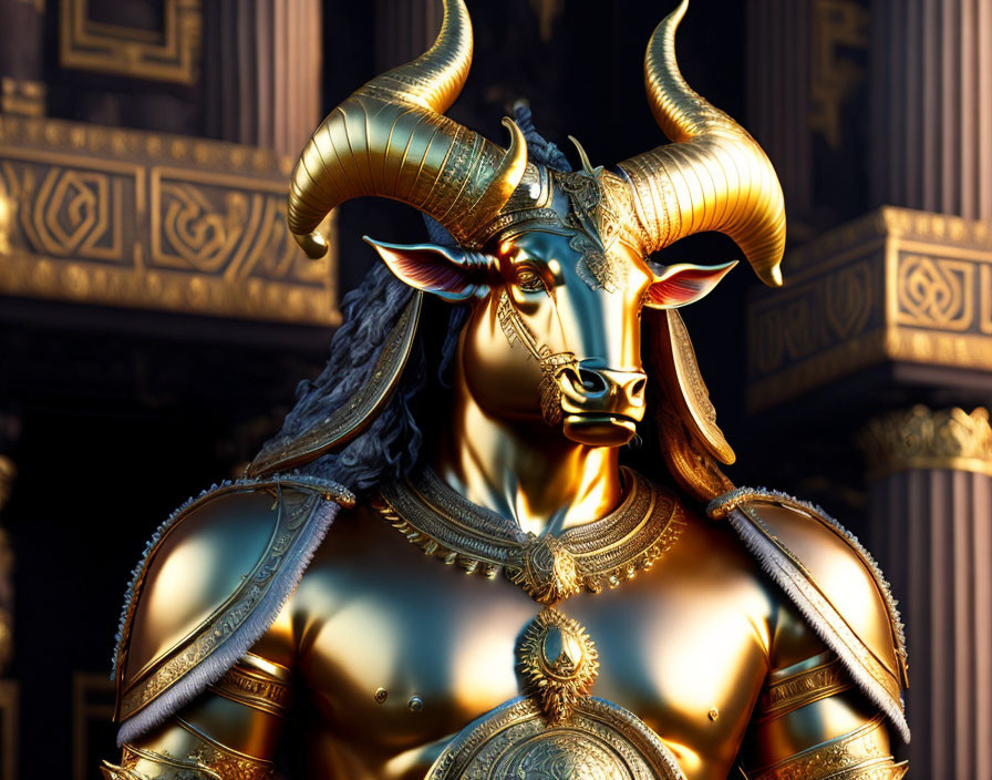 Gilded humanoid figure with bull head in ornate armor on dark background