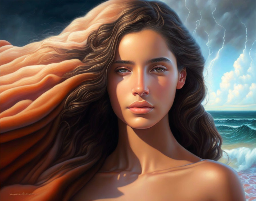 Digital portrait of woman with flowing hair against dramatic seascape.