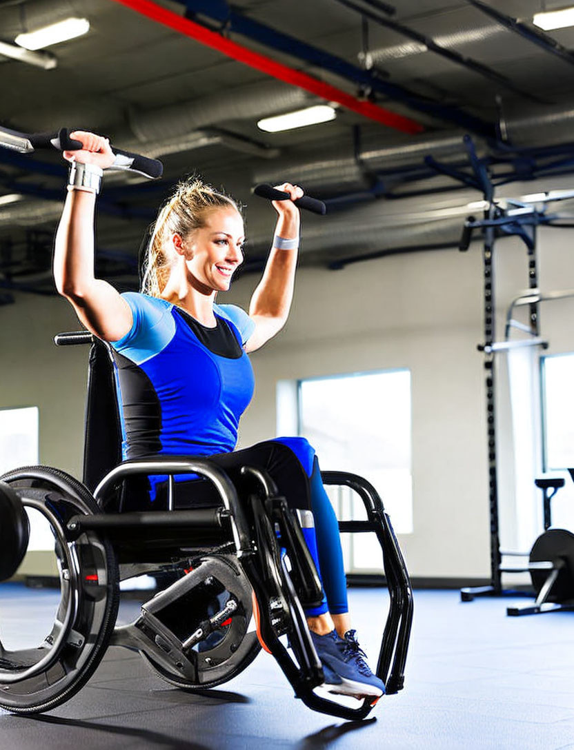 Smiling woman in blue top and black leggings exercising in well-lit gym