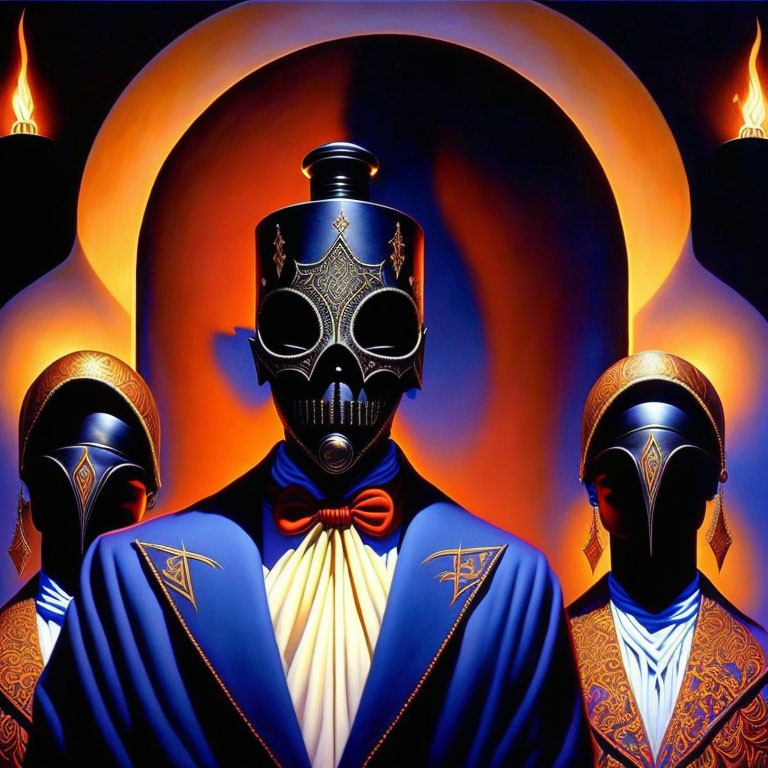 Three Figures in Futuristic Masks and Elegant Attire Against Fiery Backdrop