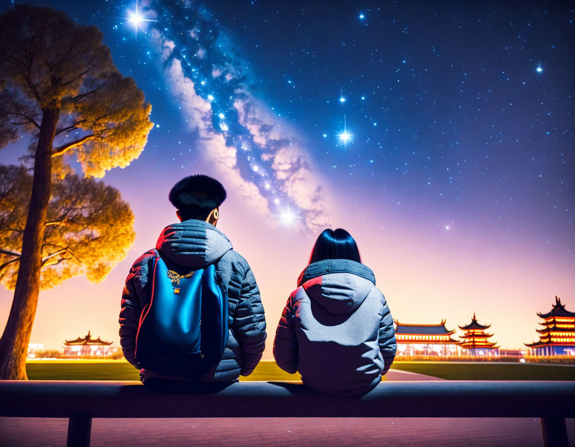 Night sky with Milky Way above Asian temple and two people on bench