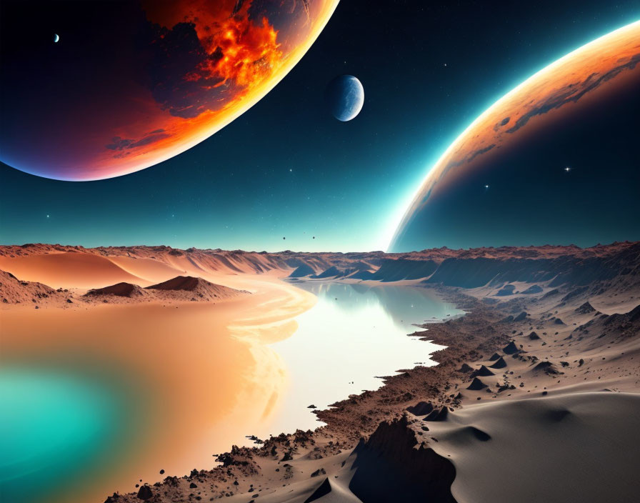 Surreal desert landscape with celestial bodies and comet