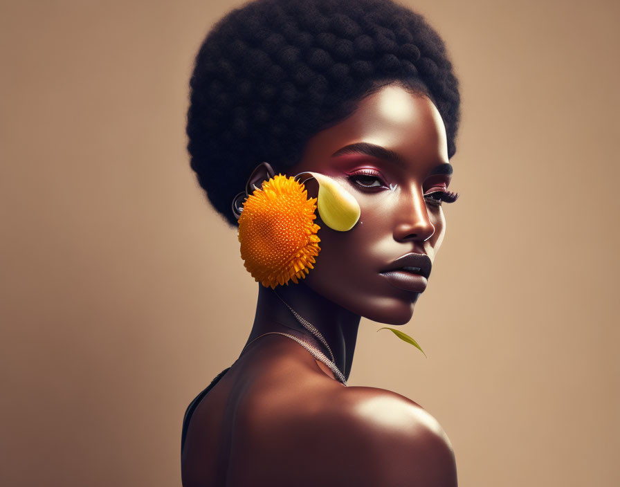 Woman with Striking Makeup and Bold Afro Hairstyle with Yellow Flower