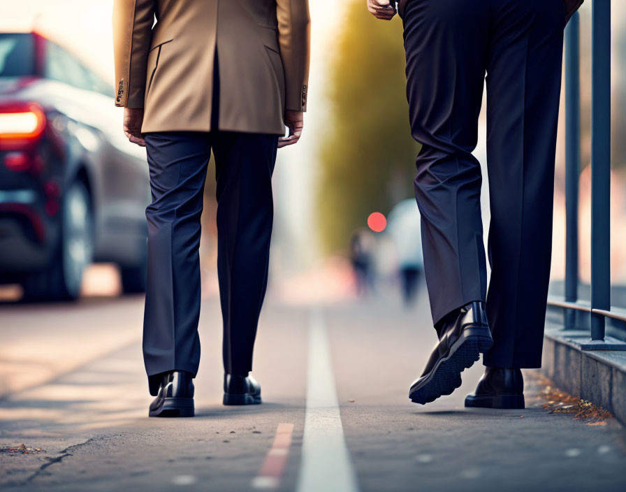 City street scene with two individuals in formal attire and dress shoes.